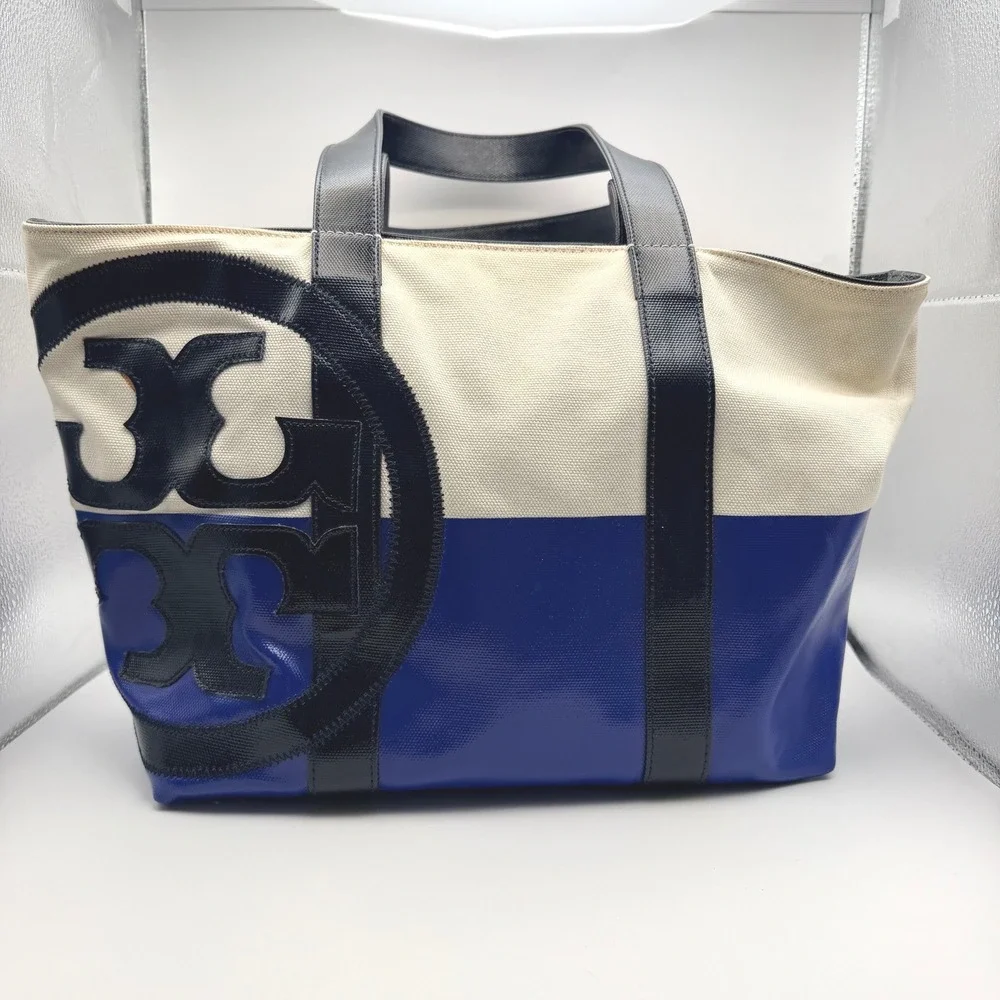Tory Burch Ella Tote Canvas Colorblock Logo Shoulder Bag Womens Large Blue White